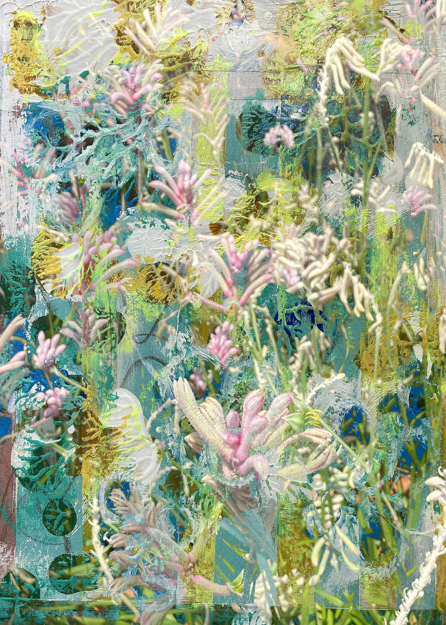 Abstract painting with vibrant colors and layered textures resembling plants and flowers.