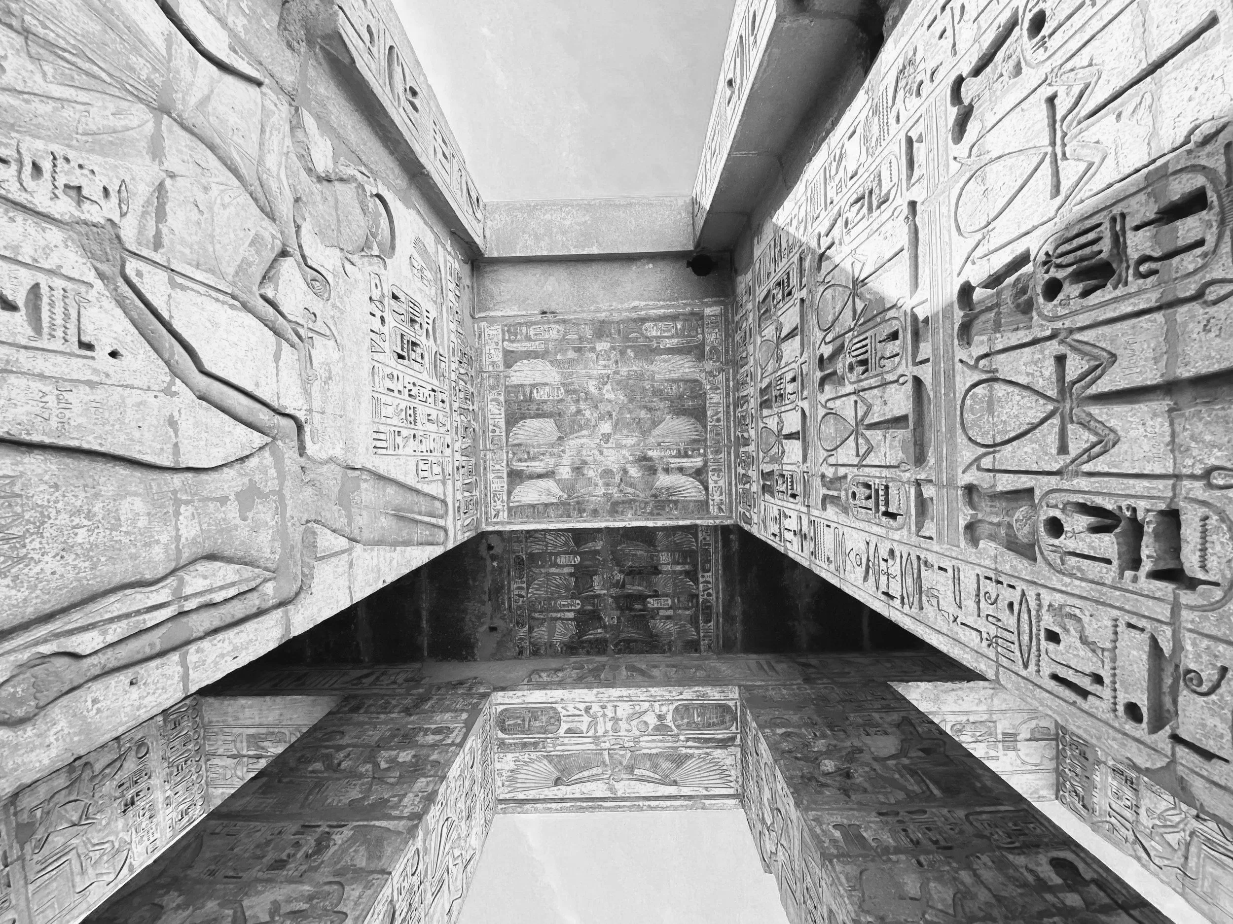 Ancient Egyptian hieroglyphs and carvings on stone walls, inscribed within a monument or tomb.