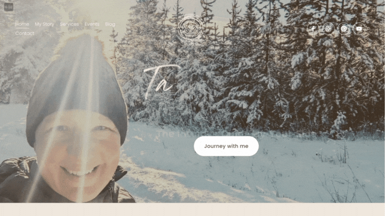 A smiling person in winter clothing and a black beanie in a snowy forest. Overlaying text says "Journey with me" and a menu with navigation options at the top.
