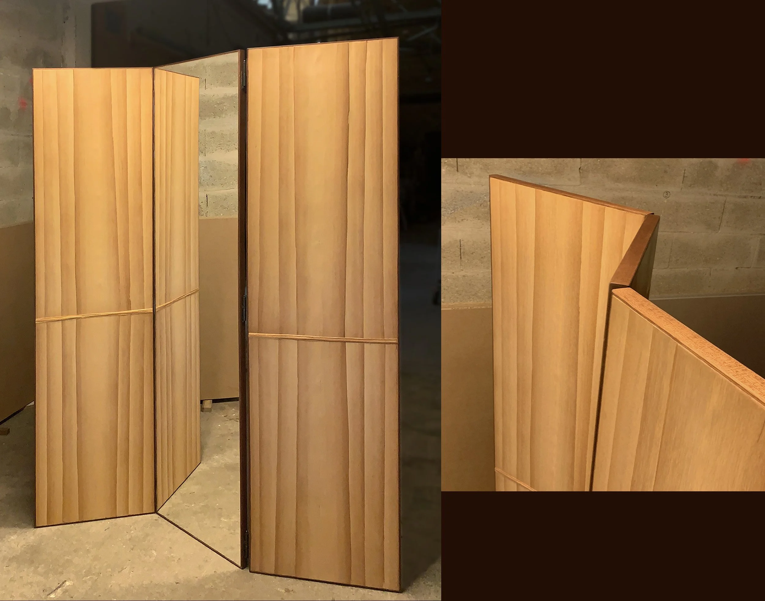 Paravent 3 vantaux. 190 x 48 x 3cm. Okoumé, sipo, sapelli. Bois clair (drapé) : essence non identifiée. Charnières faites sur mesure