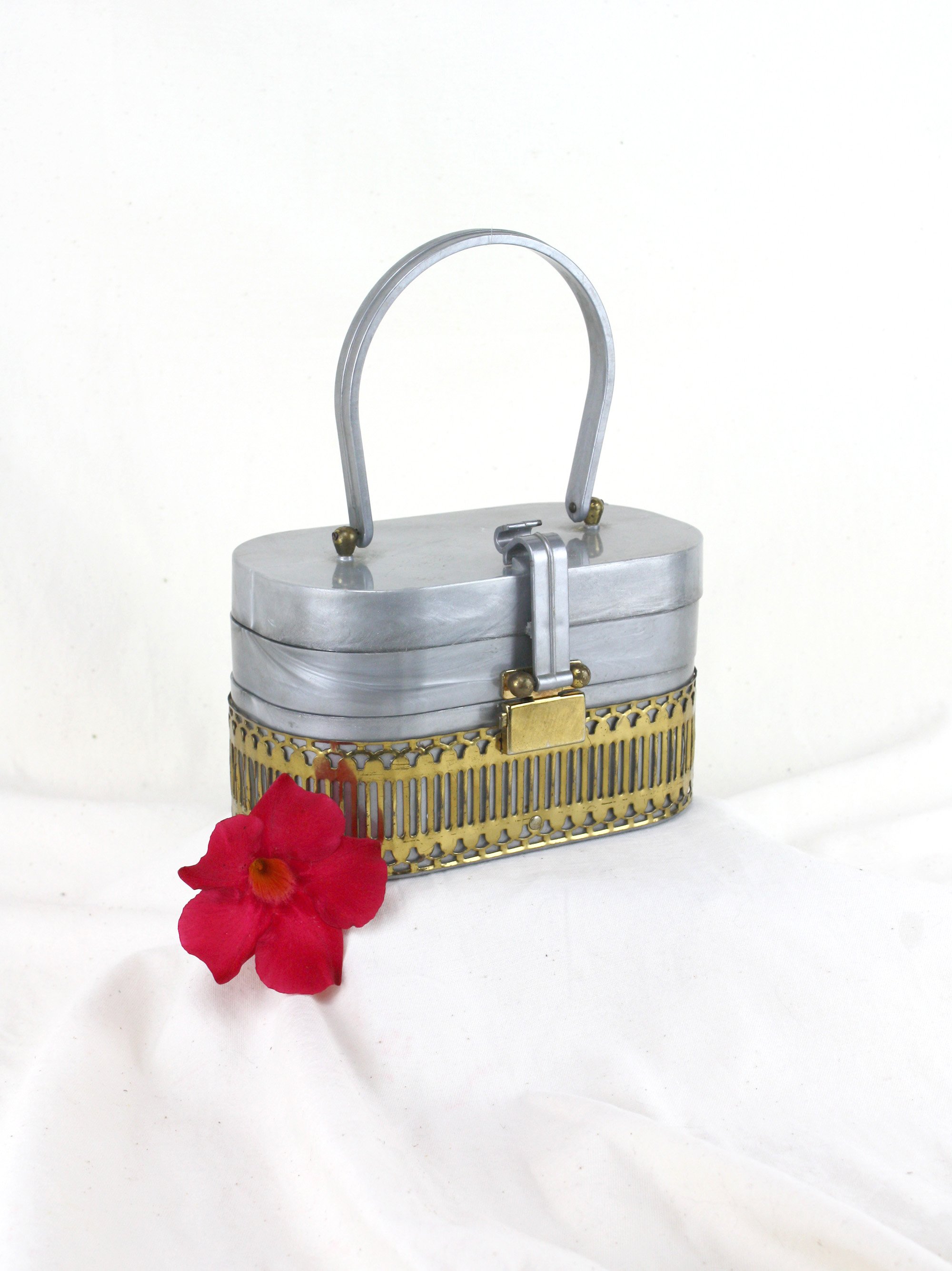 Grey Lucite Handbag with Brass Caging and Clasp against a white cloth backdrop with a red flower