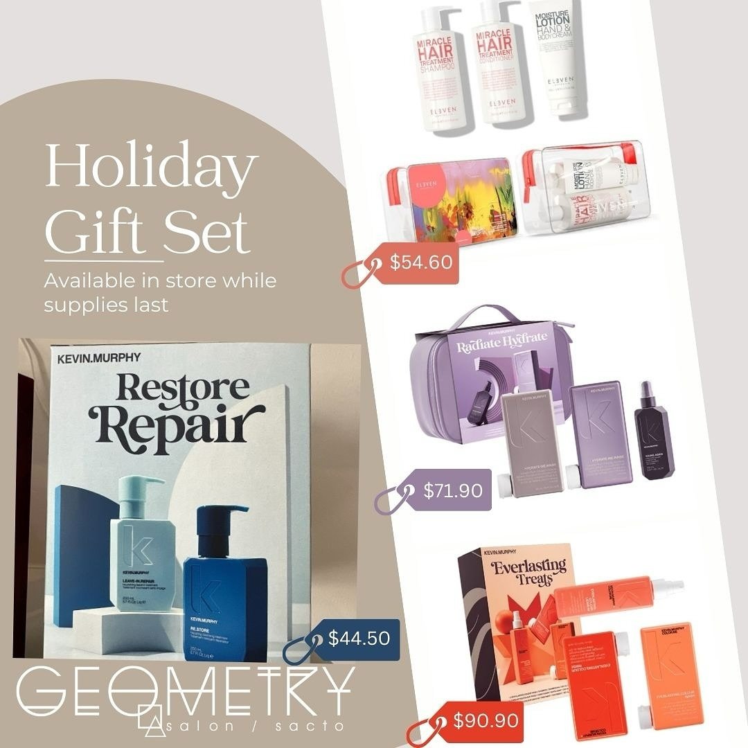 Looking for the perfect gift for a loved one? Geometry Salon Holiday Gift Sets are in!🎁

Take advantage of massive saving on our top recommended professional products from Kevin Murphy and Eleven Australia this Holiday season.

KM Restore Repair Set