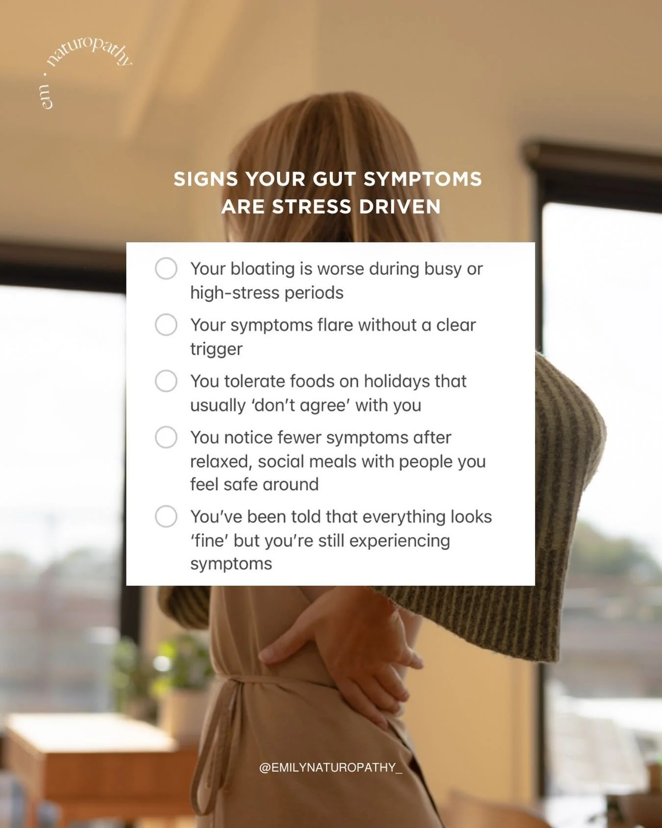 As we know, the gut and the brain are closely connected. When your nervous system is heightened, digestion can change.

That&rsquo;s why you might:
&mdash; feel worse during busy/stressful periods
&mdash; improve on holidays
&mdash; tolerate meals be