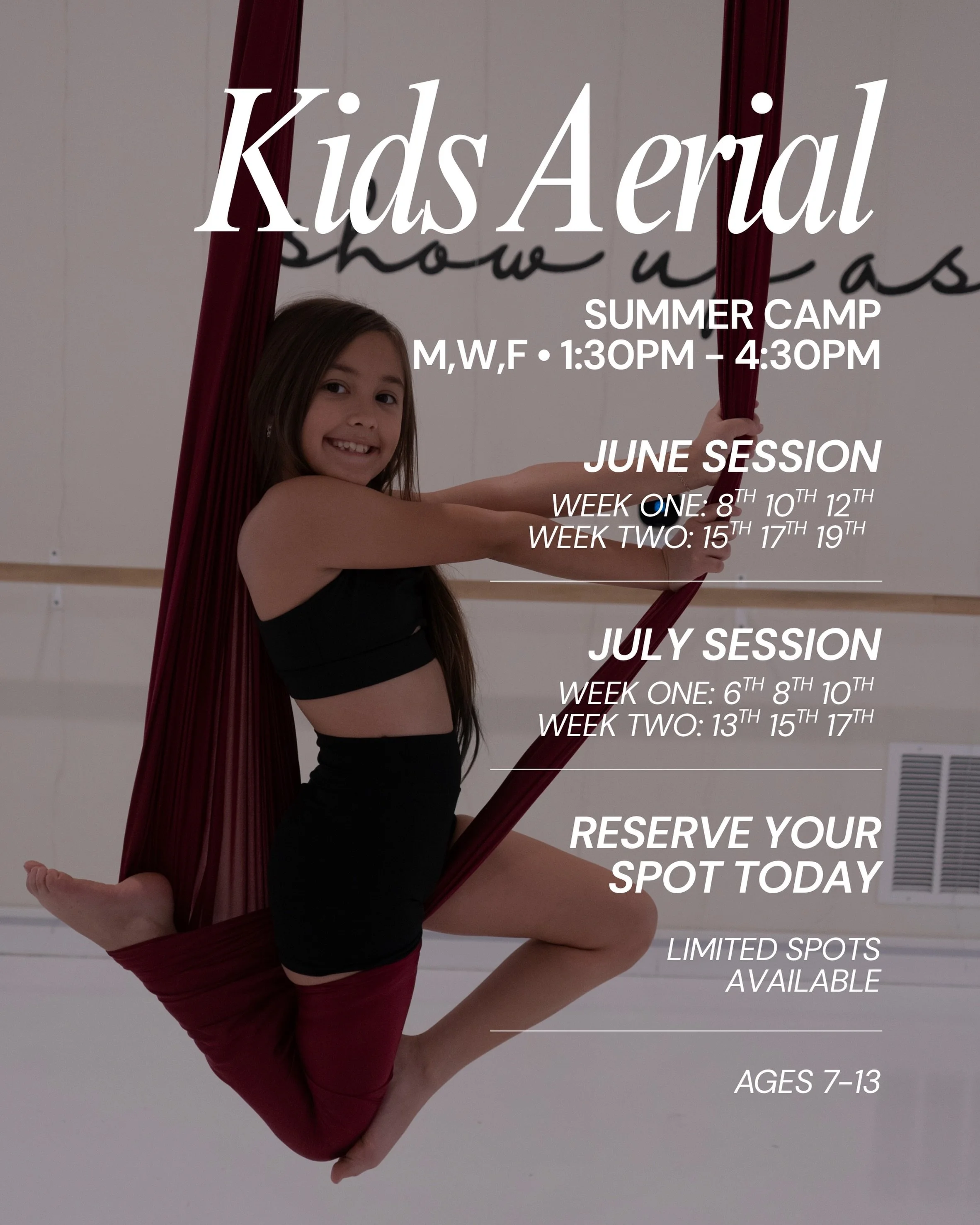 💕 Kids Aerial Yoga Summer Camp (Ages 7-13)

Looking for a fun activity for your kid to do this summer? Let your kid come explore the exciting world of aerial yoga and all things movement. Our Kids Aerial Summer Camp is a beginner-friendly, screen-fr