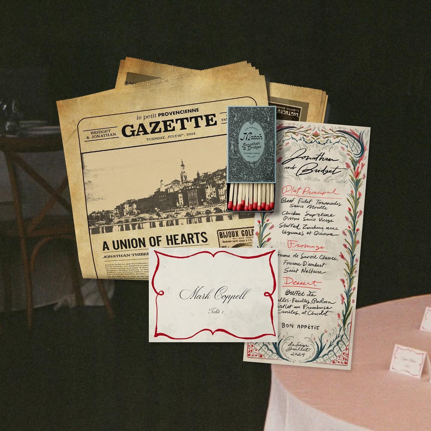 Jonathan &amp; Bridget 🫶

A wedding suite for when the vibe is: hand written mementos; a collection of lost &amp; found papers from a bygone era in the south of France ✨ A complete set with a full sized newspaper featuring an itinerary &amp; crosswo
