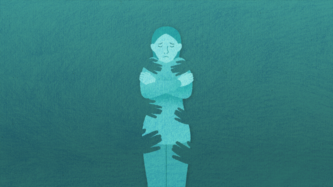 Animated illustration of a woman with her arms crossed protectively across her chest, surrounded by dark disembodied hands grasping at her body, on a teal background