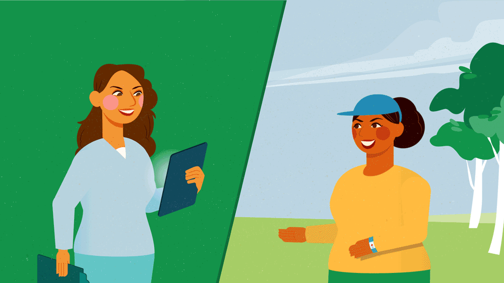 Animated GIF of health data from a fitness tracker sending automatically to a care provider's tablet, representing connected digital health tools for rural patients