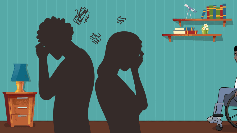 Animated GIF of a child in a wheelchair rolling into a room where two adult silhouettes are arguing, representing family conflict