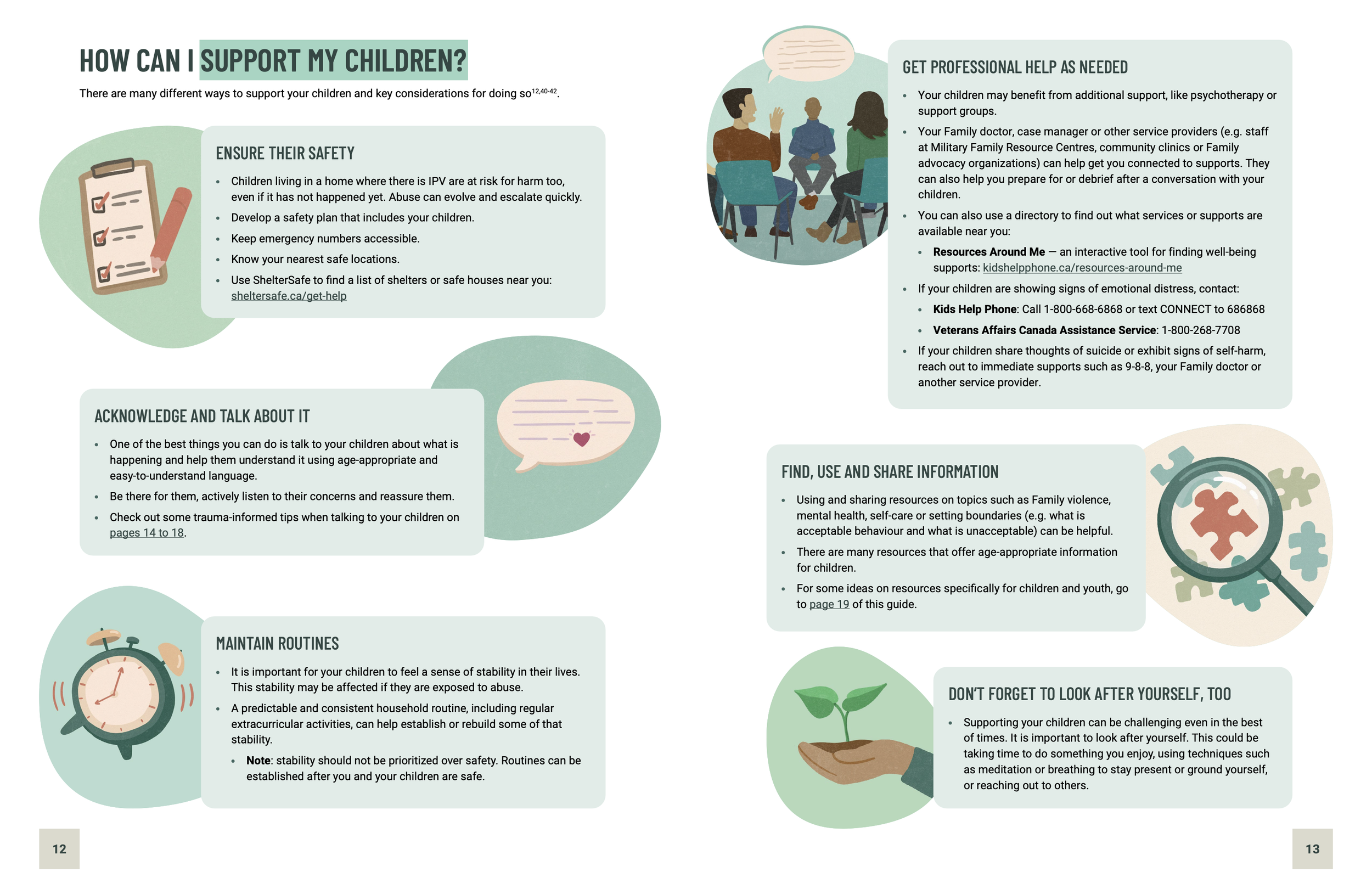 Interior spread from a patient education guide showing illustrated sections with practical tips for supporting children exposed to intimate partner violence