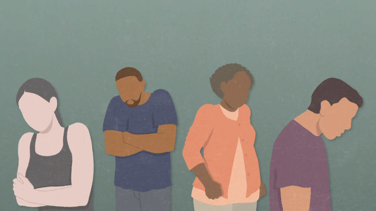 Animated GIF of a diverse group of veterans moving from fearful, closed body postures to open, empowered stances, representing recovery from intimate partner violence