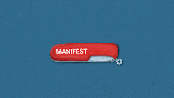 Animated GIF of a Swiss Army knife branded with the Manifest wordmark, representing the range of practical tools and skills taught through counselling