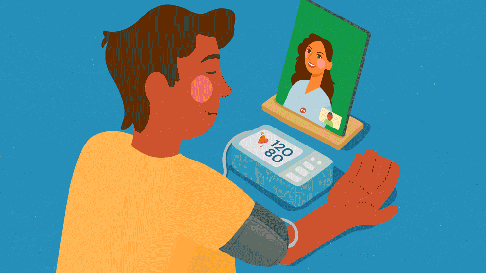 Animated GIF of blood pressure readings transmitting in real time from a monitor to a healthcare provider's laptop, representing remote patient monitoring