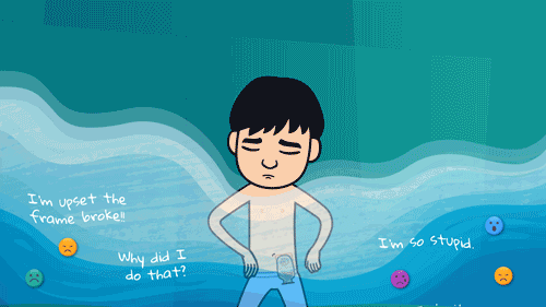 Animated GIF of a boy with a stoma sinking into a swirling pool of self-critical thoughts in his bedroom, representing overwhelming emotions