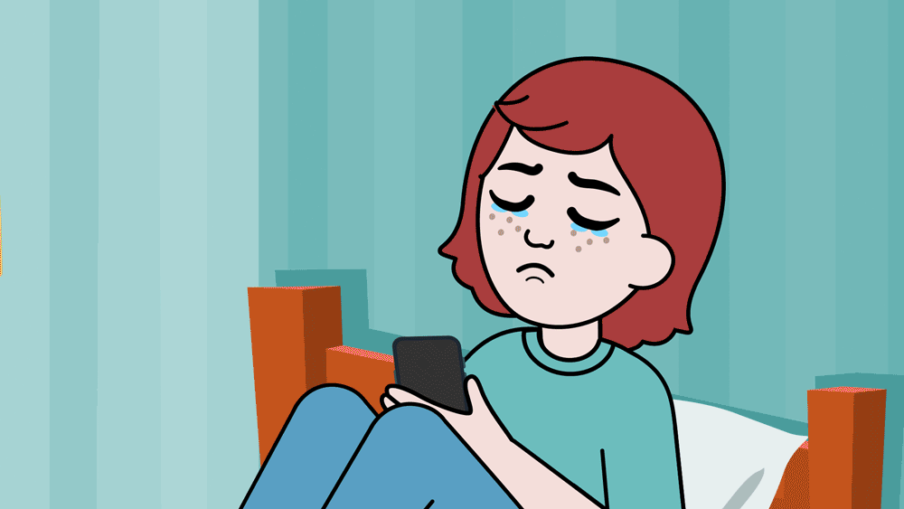 Animated GIF of a nonbinary teenager sitting on their bed looking at their phone and crying while imagining their dog in a thought bubble, representing grief