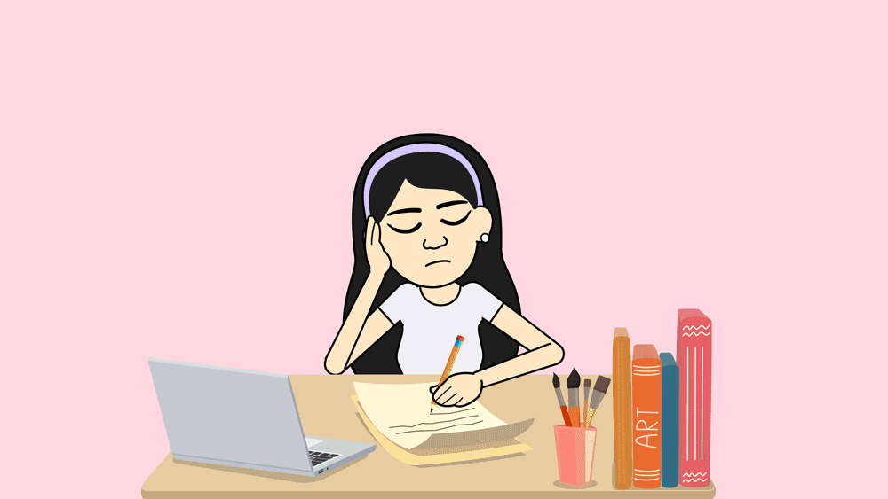Animated GIF of a teenage girl sitting stressed at her desk writing a college application essay, then encouraging herself with a positive self-talk thought bubble