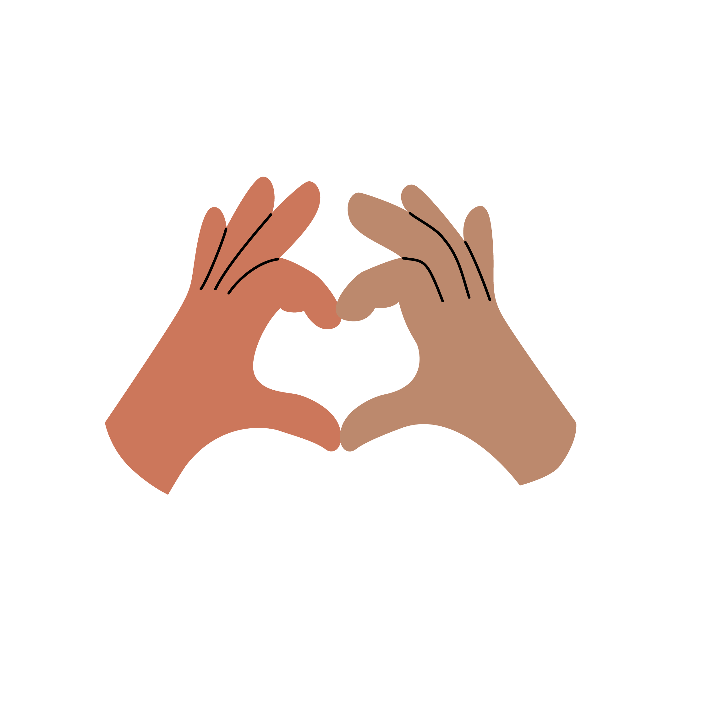 Two hands of different skin tones forming a heart shape together