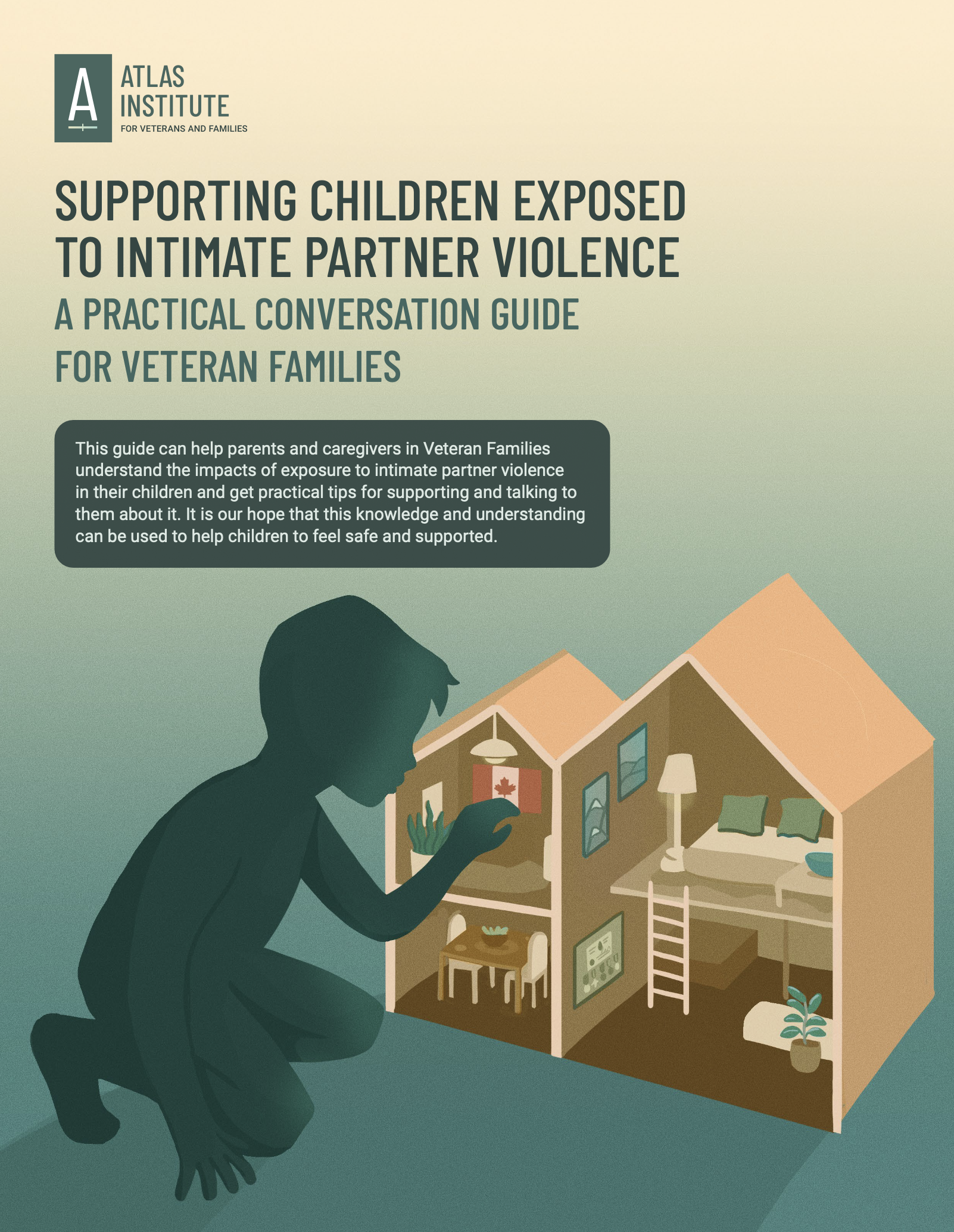 Cover of a patient education guide for veteran families showing a silhouette of a child beside an illuminated dollhouse