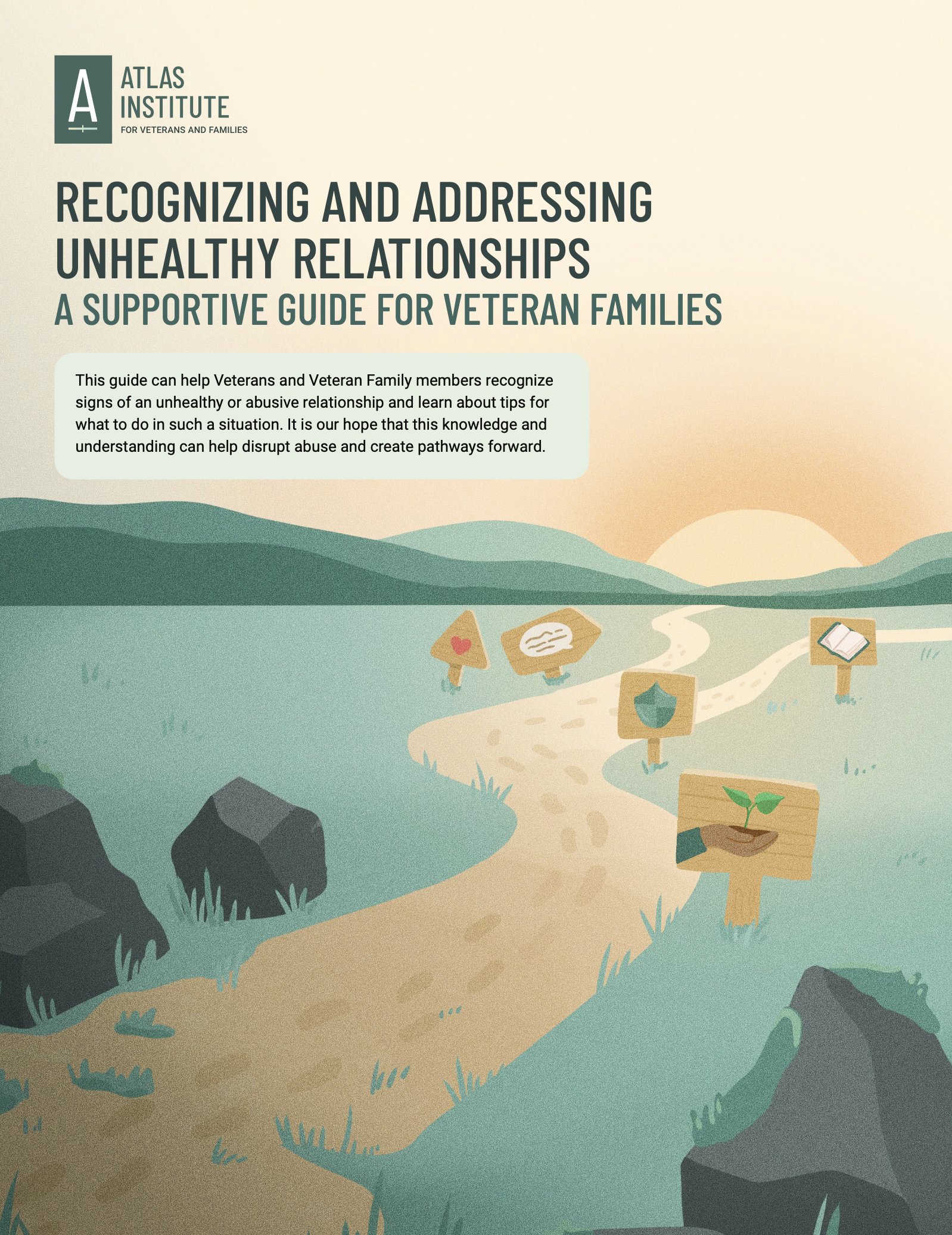 Cover of a patient education guide for veteran families showing an illustrated landscape with a winding road, sunrise, and milestone markers representing a path forward