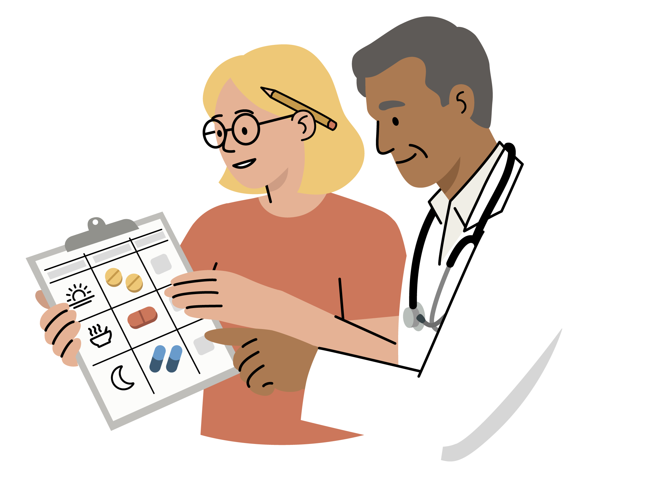 A patient and doctor review a illustrated medication schedule on a clipboard together.