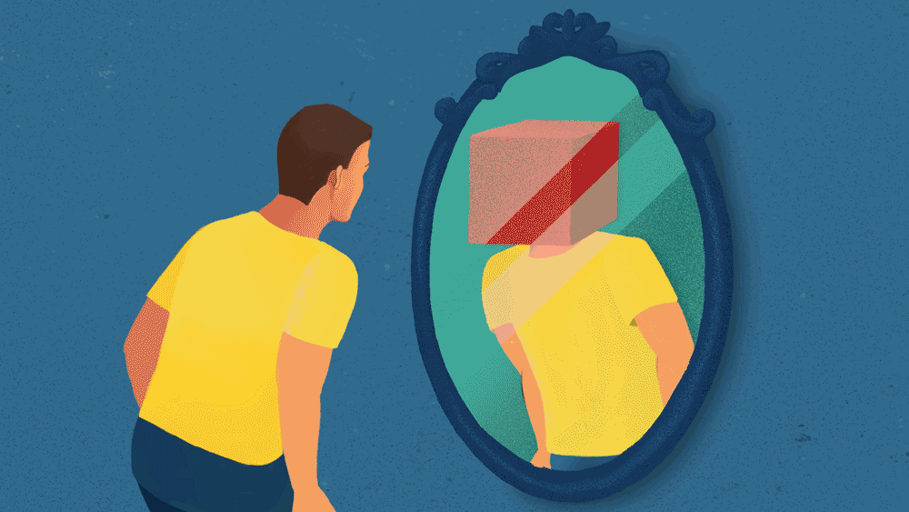 Animated GIF of a man looking into a mirror and watching his reflection remove a fragmented box from its own head, representing the self-awareness gained through counselling