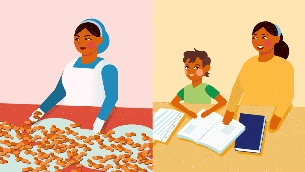 Animated GIF of a LatinX mother sorting almonds on a conveyor belt, then helping her son with homework, depicting the daily life of an ACTIVATE program patient