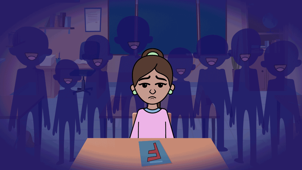 Animated GIF of a teenage girl in a nightmare where classmates mock her failed grade, then transforming the scene into herself as a superhero, representing coping with academic anxiety