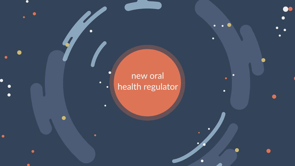 Animated GIF of a circle representing the new oral health regulator expanding outward with concentric rings labeled with its mission goals, including patient safety and better health outcomes, set against a night sky