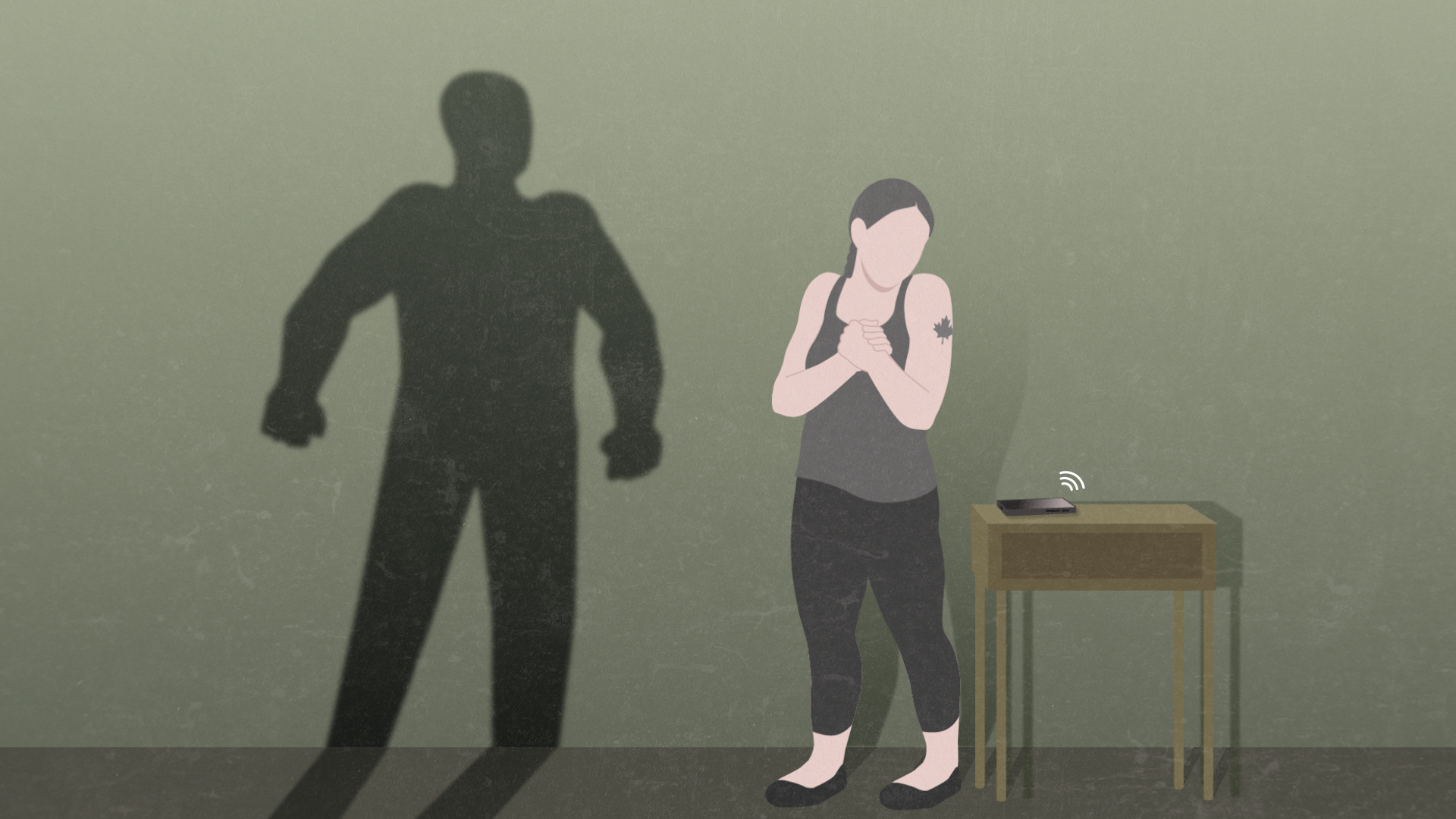 Animation still of a woman looking at her phone while a dark shadowy figure looms behind her, representing coercive control in an intimate partner relationship