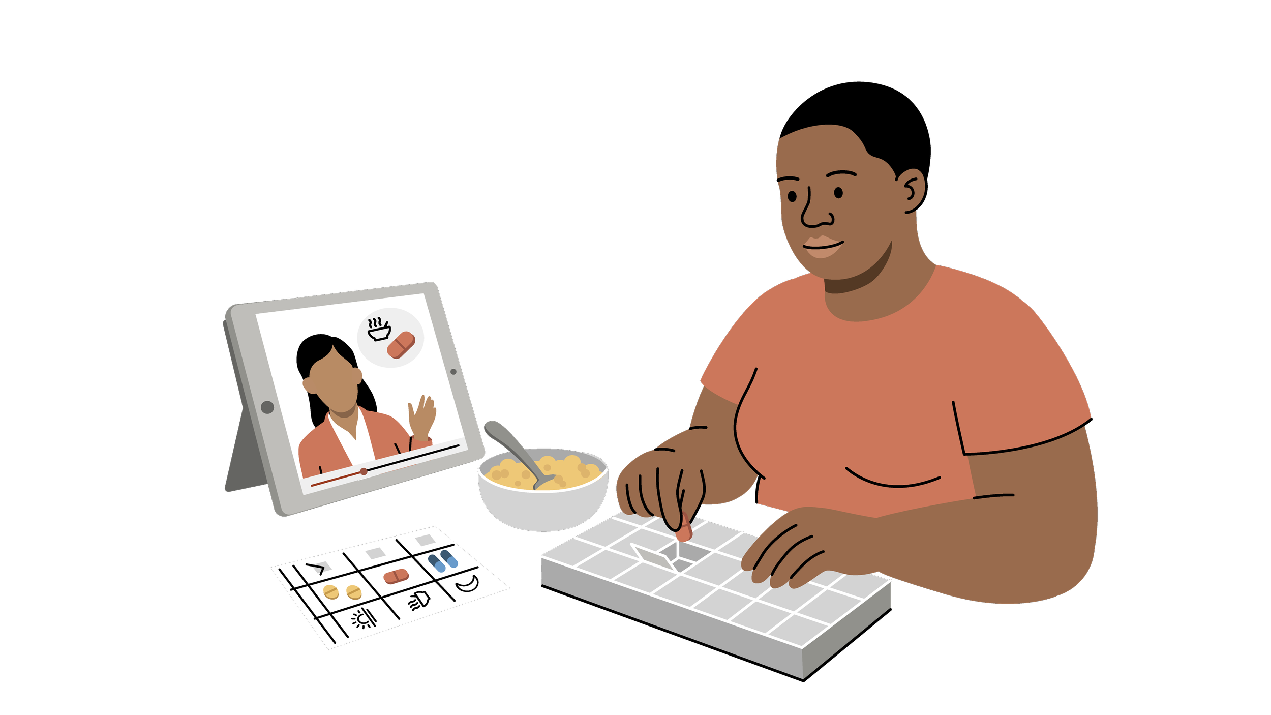 A woman at a kitchen table uses a pill organizer, a printed medication chart, and a tablet video to manage her health routine.