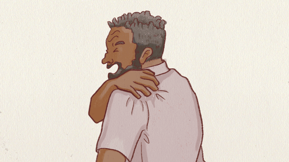 Animated illustration of a man gripping his shoulder in pain, with a callout showing abnormal plasma cells and the text "Multiple Myeloma: cancer of plasma cells"