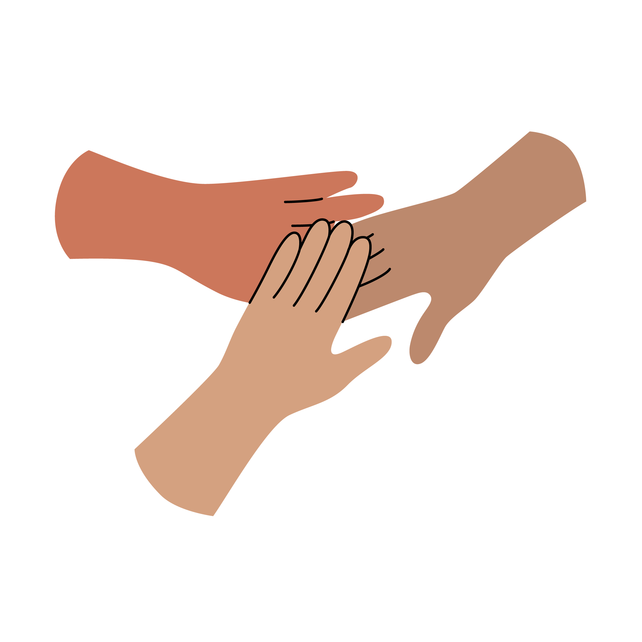 Three hands of different skin tones reaching toward each other