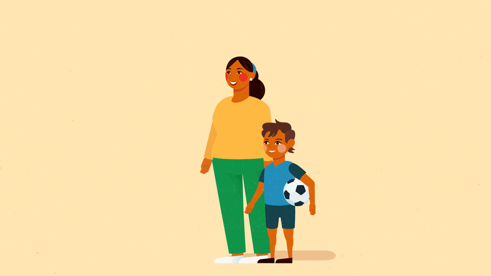 Animated illustration of a mother and young son surrounded by connected icons representing digital health tools, including a fitness tracker, virtual care, and health records