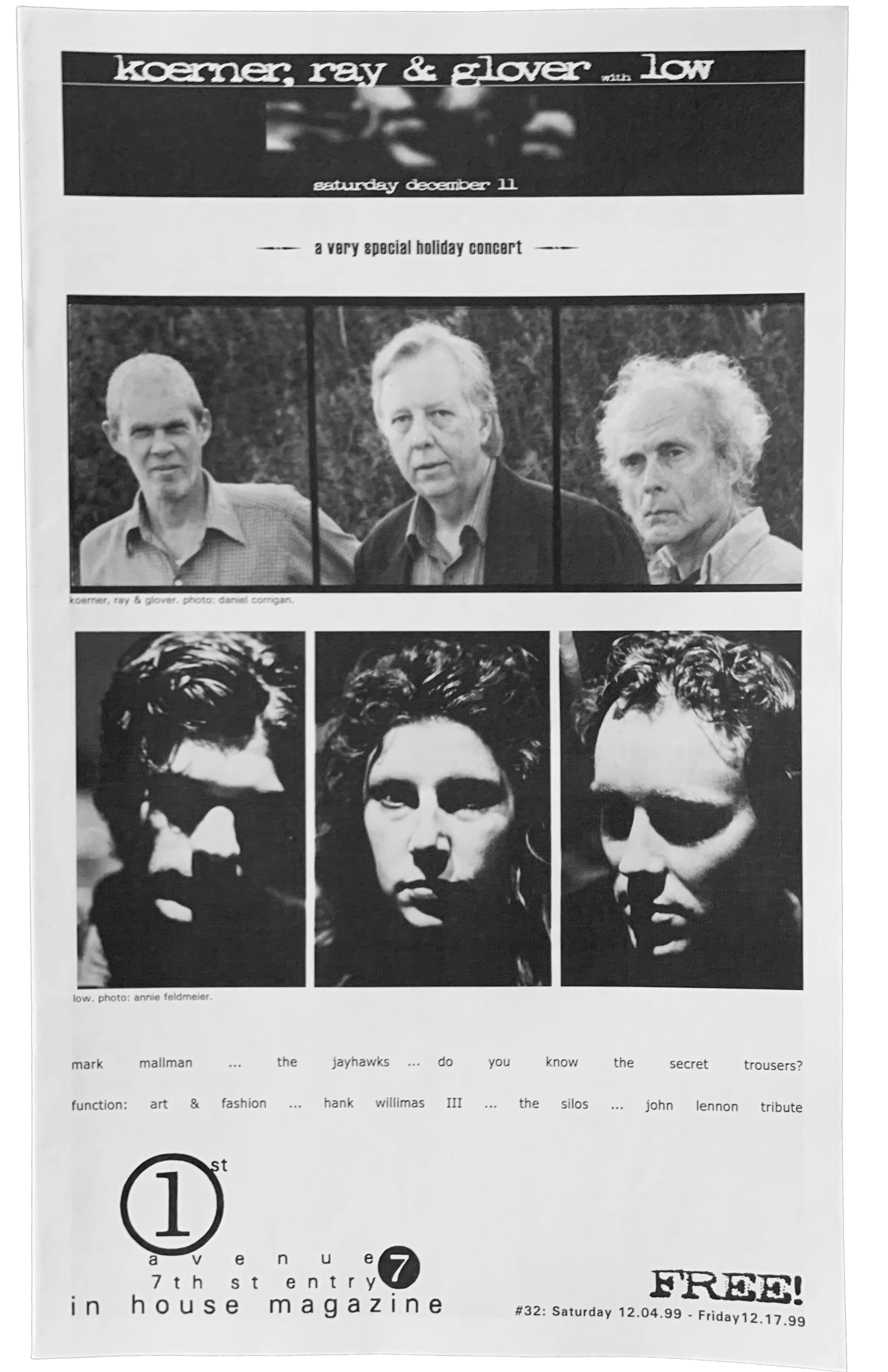 First Avenue In-House Magazine #32. Cover: Koerner, Ray & Glover (top), Low (bottom).