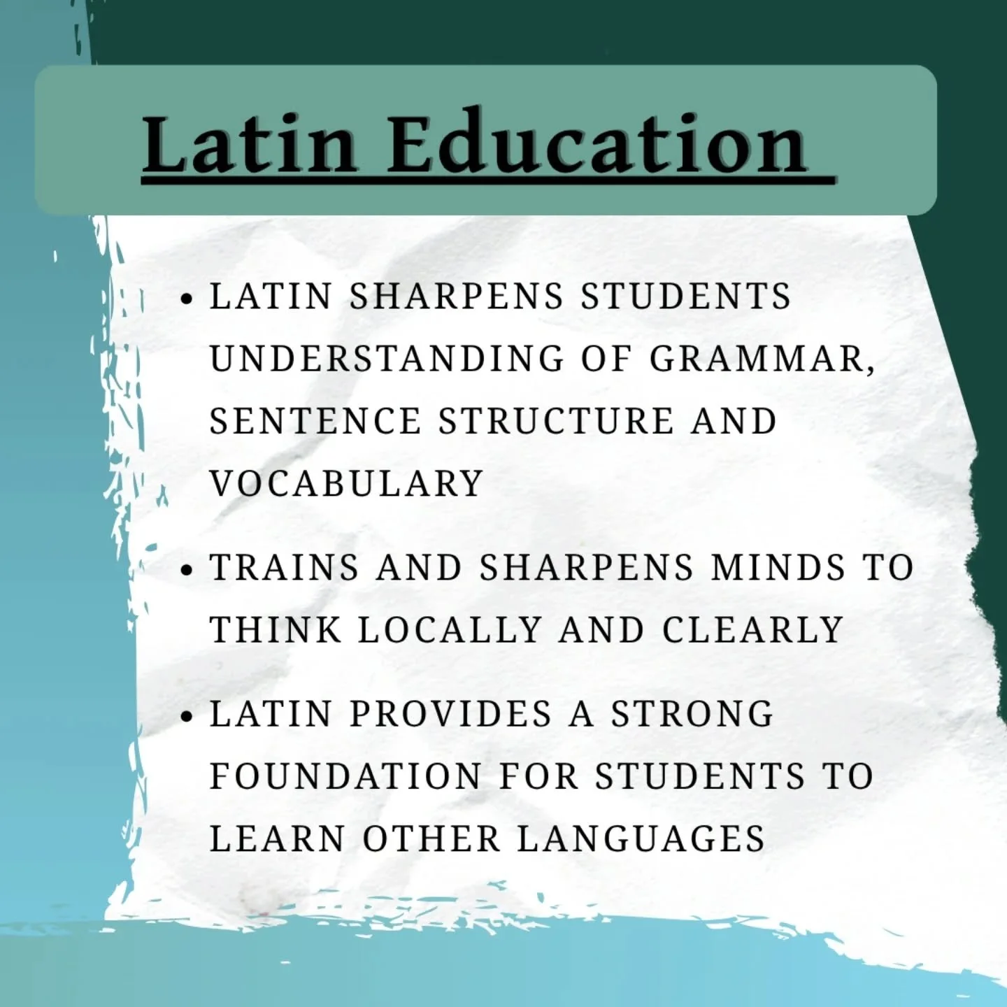 Perhaps the most obvious difference between classical and modern education is the study of Latin. No one speaks Latin as their first language, giving it the mislabel &ldquo;dead&rdquo;.

In fact, Latin is quite alive. It is the mother of all western 