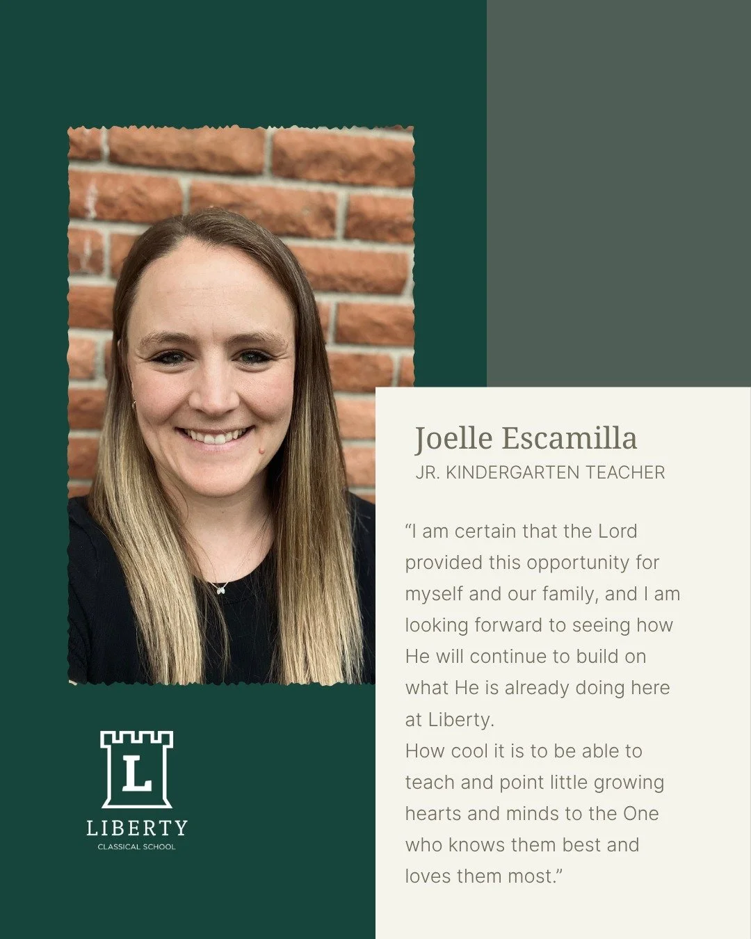 ✨ Teacher Spotlight: Jr. Kindergarten 
Liberty Classical School is excited to introduce our Jr. Kindergarten teacher for the upcoming school year! Mrs. Escamilla will be joining our team, and we are thrilled to welcome her to the Liberty Classical fa