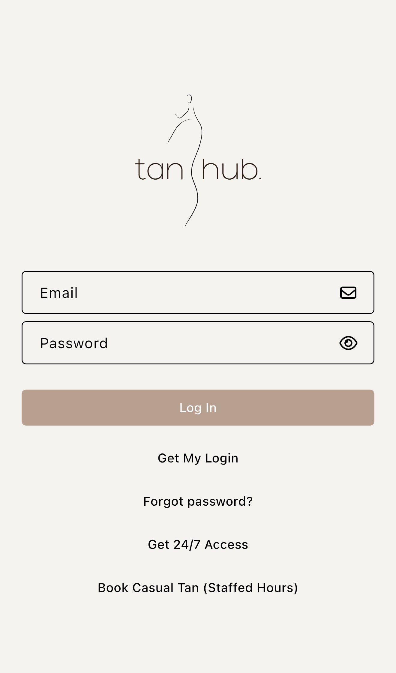 Mobile login screen for 'Tan Hub' featuring a minimalist design. The screen displays the logo with a simple line drawing of a woman and the text 'tan hub.' Below the logo are input fields for email and password, including icons for email and password visibility toggle. There is a large 'Log In' button, a 'Get My Login' link, 'Forgot password?' link, 'Get 24/7 Access' offer, and a note about booking casual tan during staffed hours.