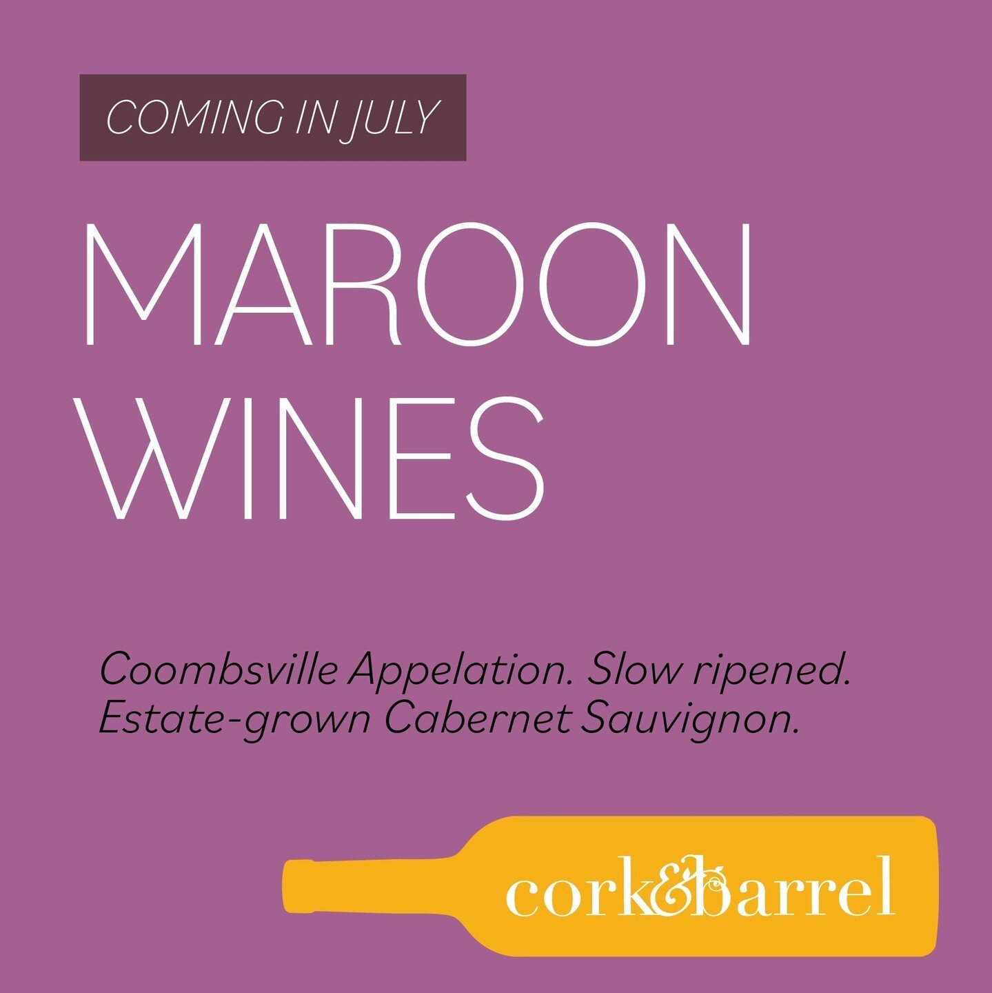 We're so excited to welcome MAROON WINES to this year's Cork &amp; Barrel!⁠
⁠
This Napa winery is located in the prestigious &quot;Coombsville Appellation.&quot; Rocky volcanic soil and rich gravely loams encourage robust vines, and frost and fog are