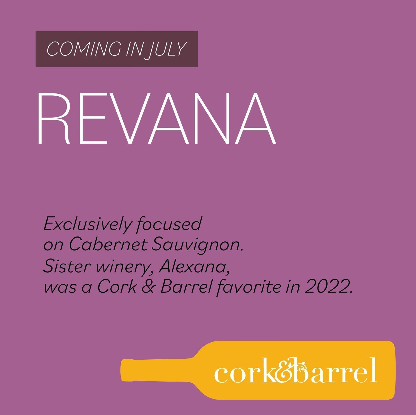 Here's another world-class Napa Valley winery joining us for Cork &amp; Barrel!⁠
⁠
If you came to Sip or Grand Cru in 2022, you may remember Revana's sister winery, Alexana, based in the Willamette Valley. Alexia earned rave reviews from Cork &amp; B