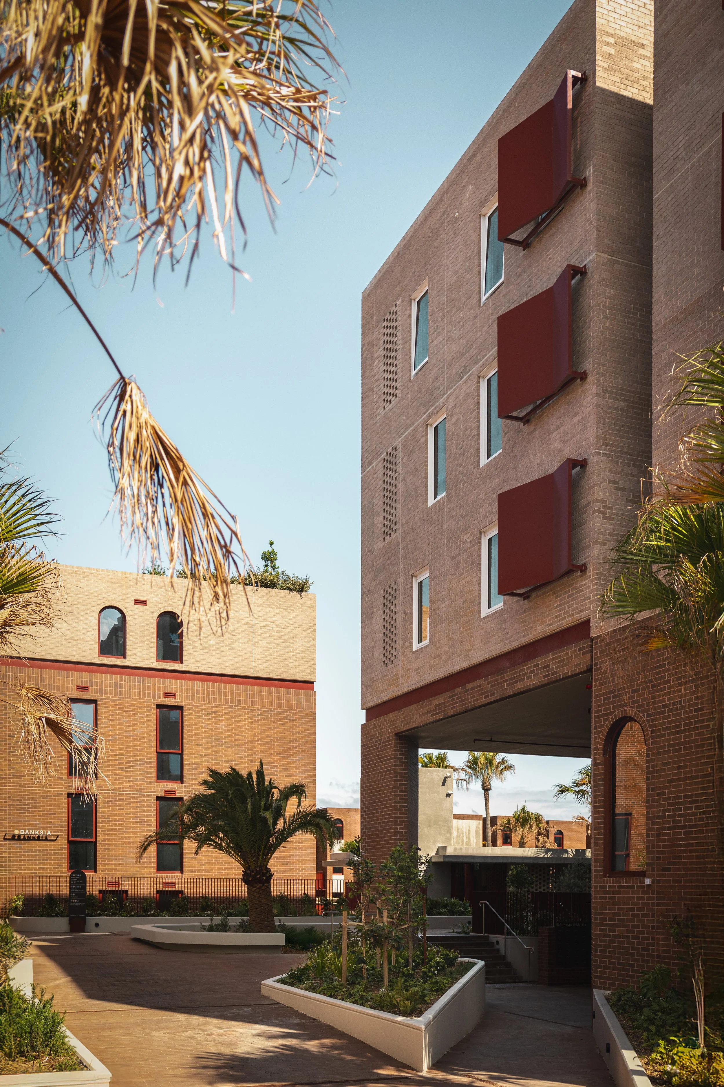 A courtyard surrounded by modern buildings with brick facades, palm trees, and landscaped gardens. The sky is clear and blue.  Luxury architecture design, high end residential development