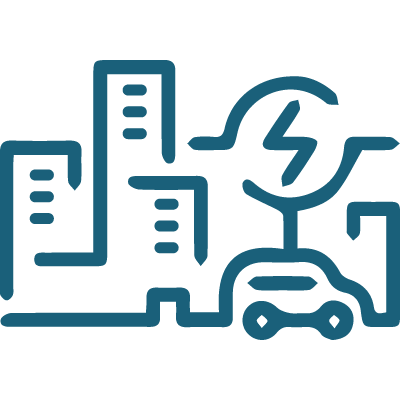 Stylized skyscrapers and vehicle with lightning bolt to symbolize a smart city