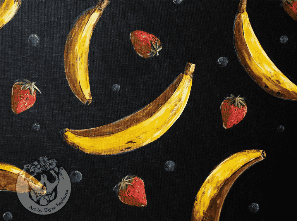 Whimsical floating fruit artwork by Elysa Espinoza with colorful produce against a vibrant background.