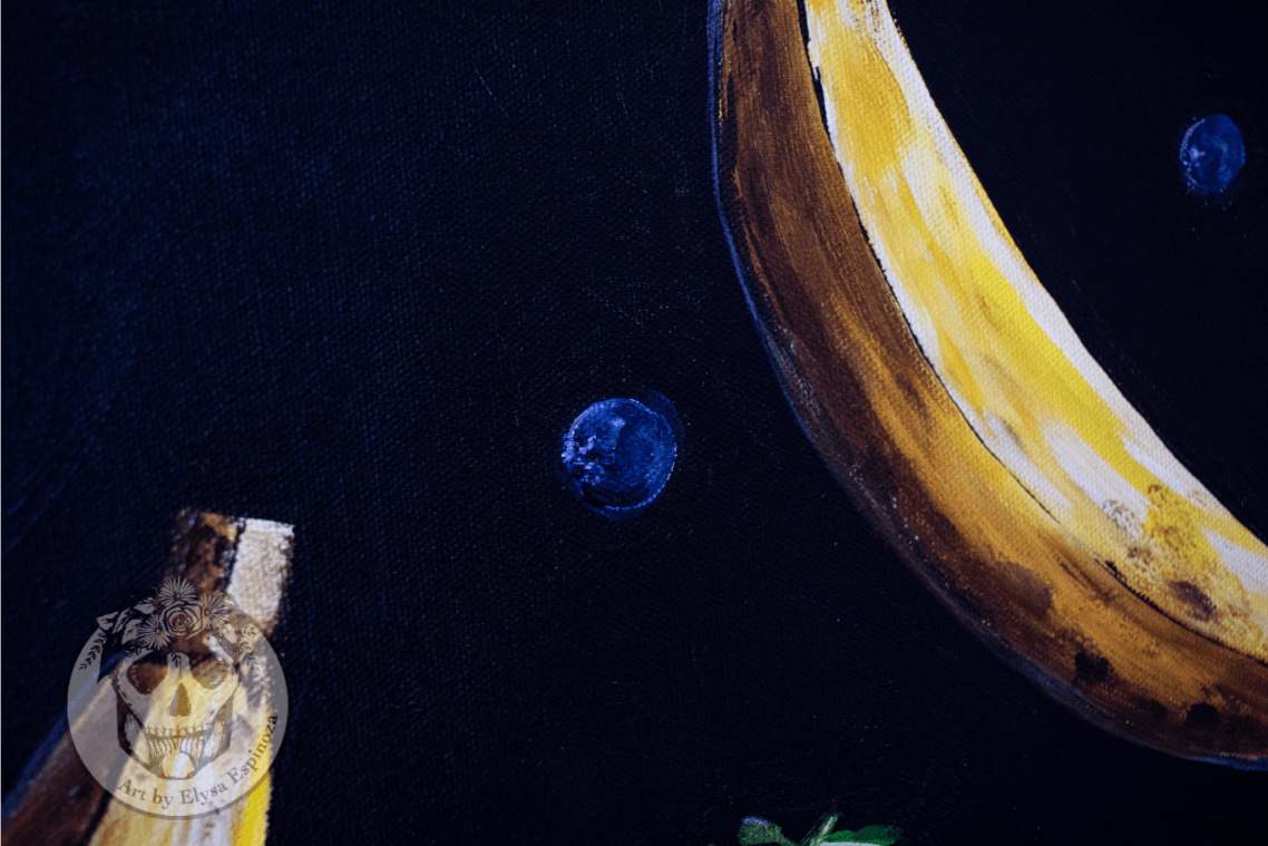 Whimsical floating fruit artwork by Elysa Espinoza with colorful produce against a vibrant background.
