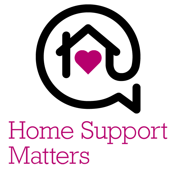 Logo with a black house outline integrated with a speech bubble, a pink heart inside, and text that says 'Home Support Matters' in pink.