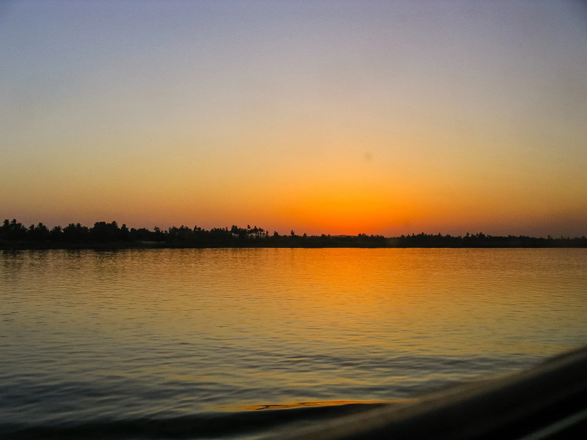 Sunset over a calm ocean with silhouetted trees on the horizon.