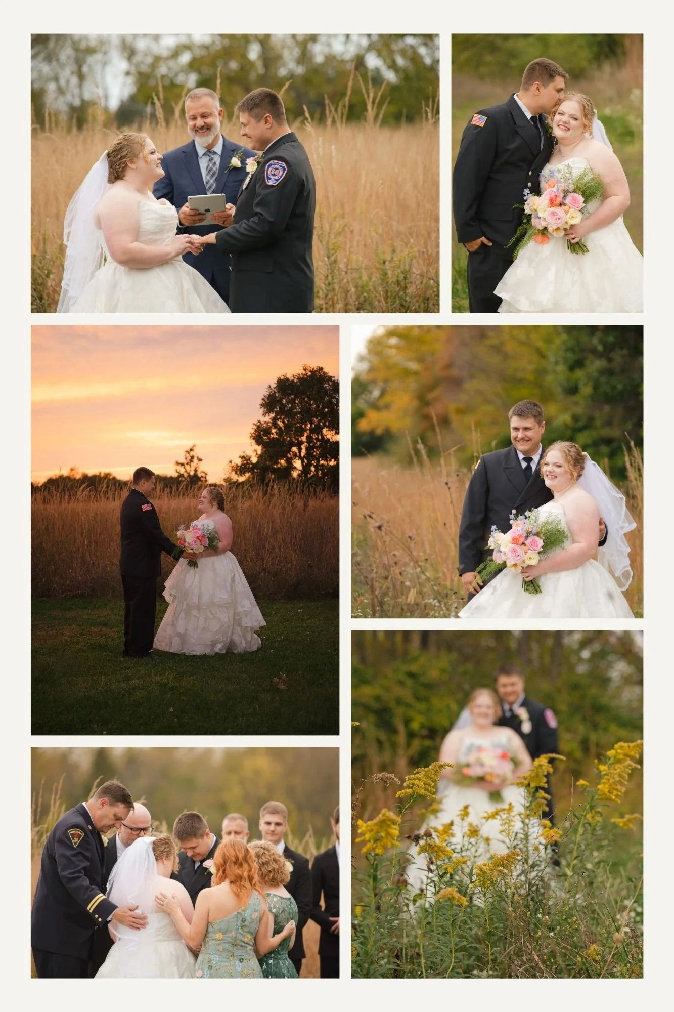 Photo collate from October outdoor wedding held in Indiana at Prophetstown State Park.
