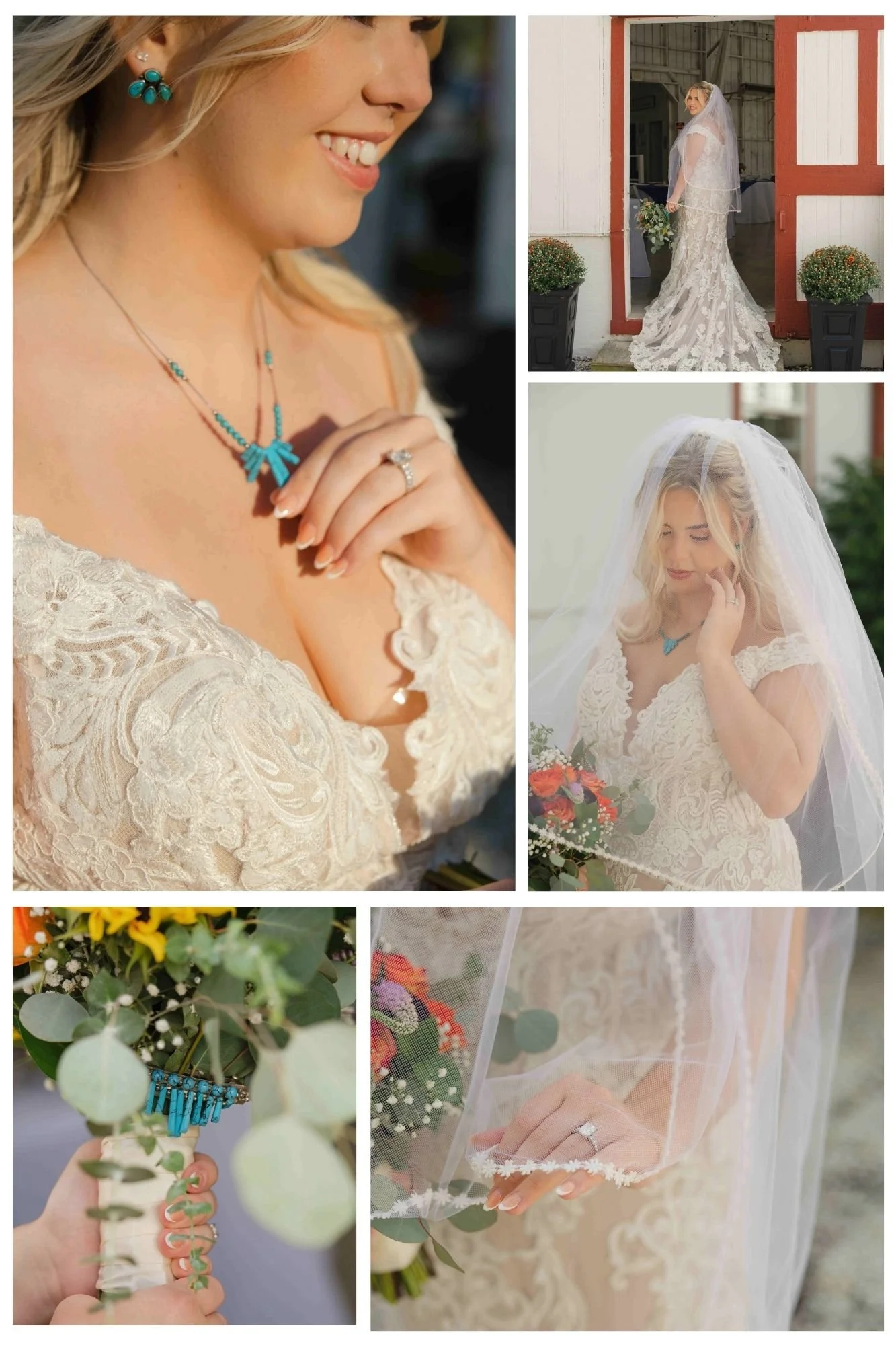Photo collage of bride with her grandmother's veil, her great-grandmother's necklace and lace wedding dress.  Standing at barn door of Governor's Pavilion, Wolcott IN.