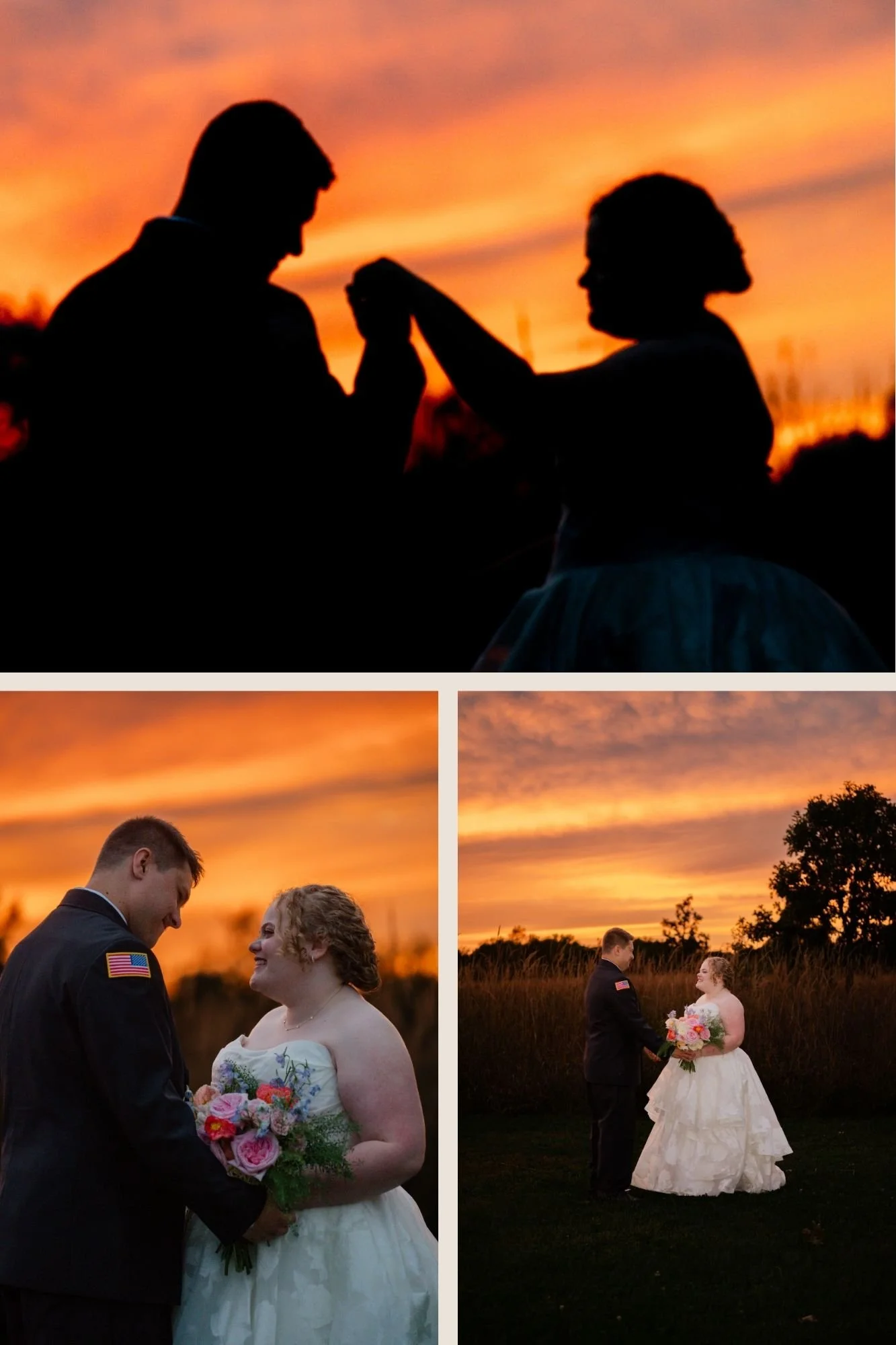Beautiful sunset fills the sky at prophetstown state park on wedding day.  Couple poses with brilliant sunset in background.  Heather Corbin Photography.
