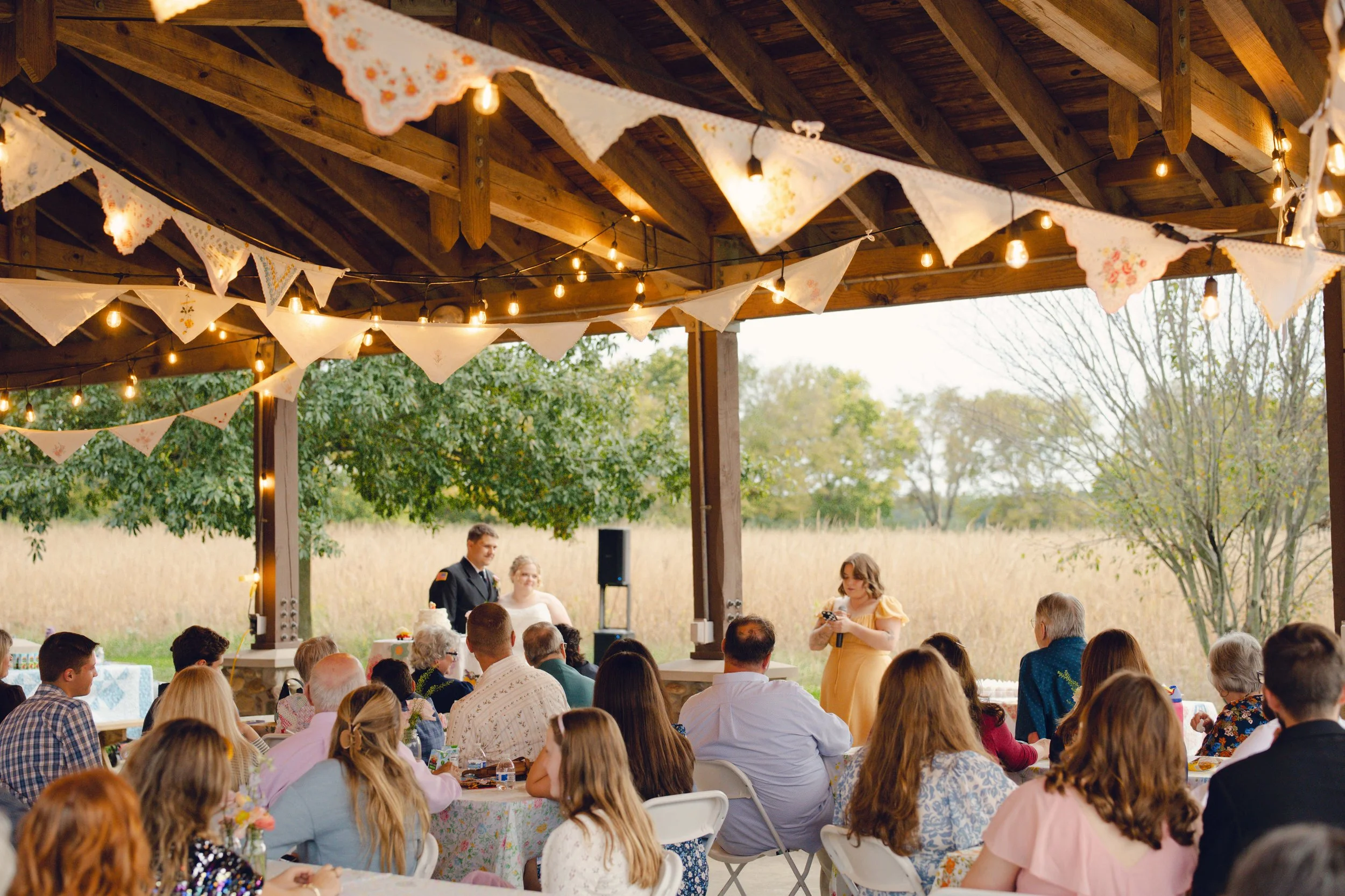 Wedding reception held at Coneflower pavilion in Prophetstown State Park, Indiana.