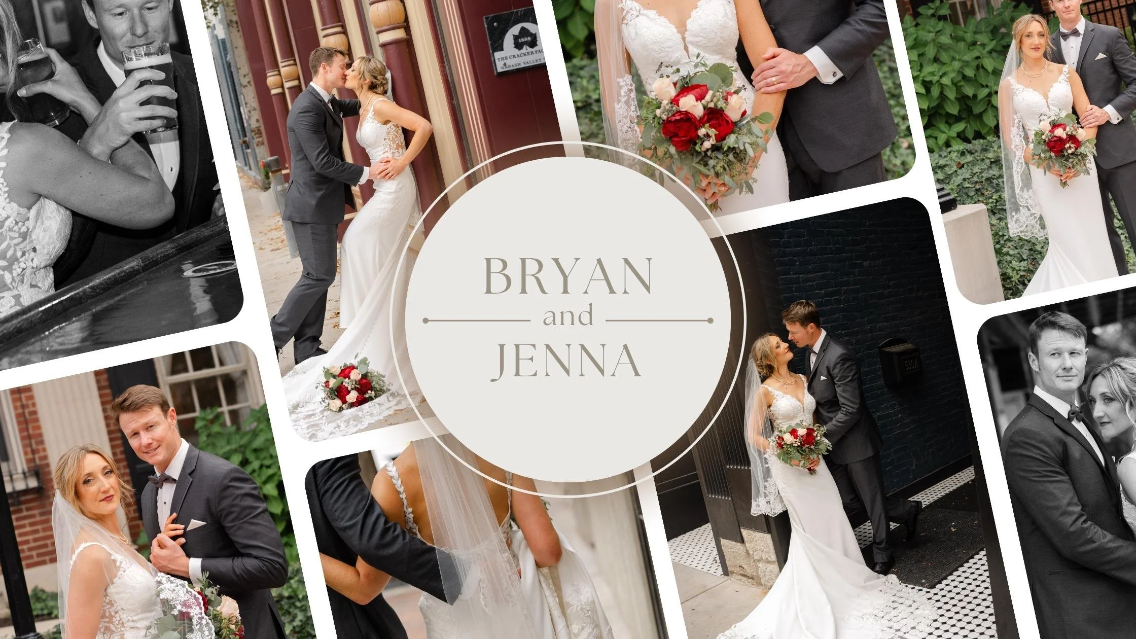 A wedding day photo  collage taken in downtown Lafayette Indiana.  wedding pictures by Heather Corbin Photography.