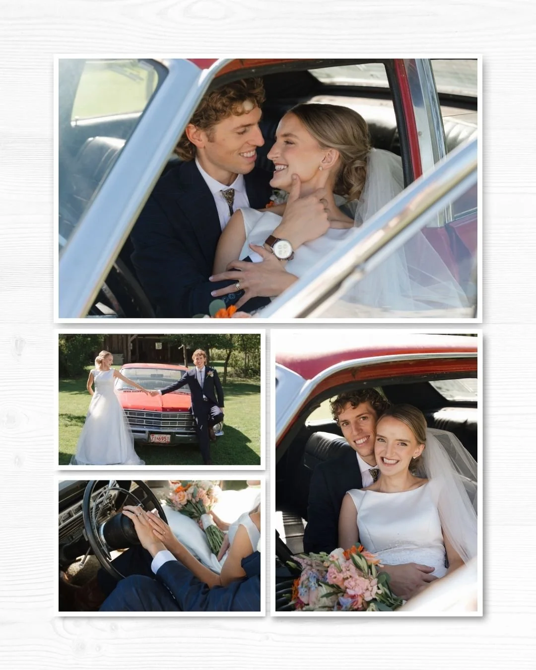 Bride and groom posing in and by a 1967 Ford Galaxie 500